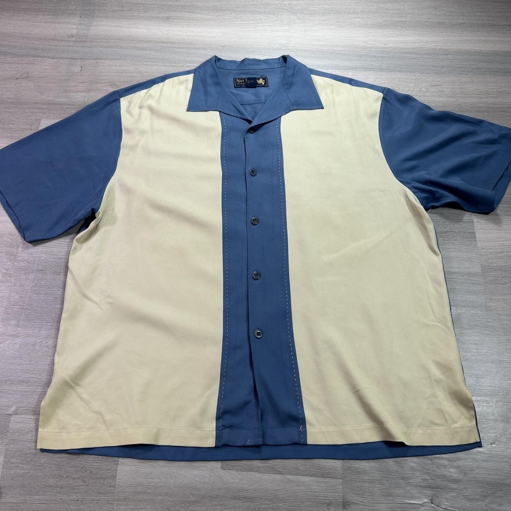 Nat Nast Shirt Mens XL Blue Colorblock Short Sleeve Silk Button Up Casual